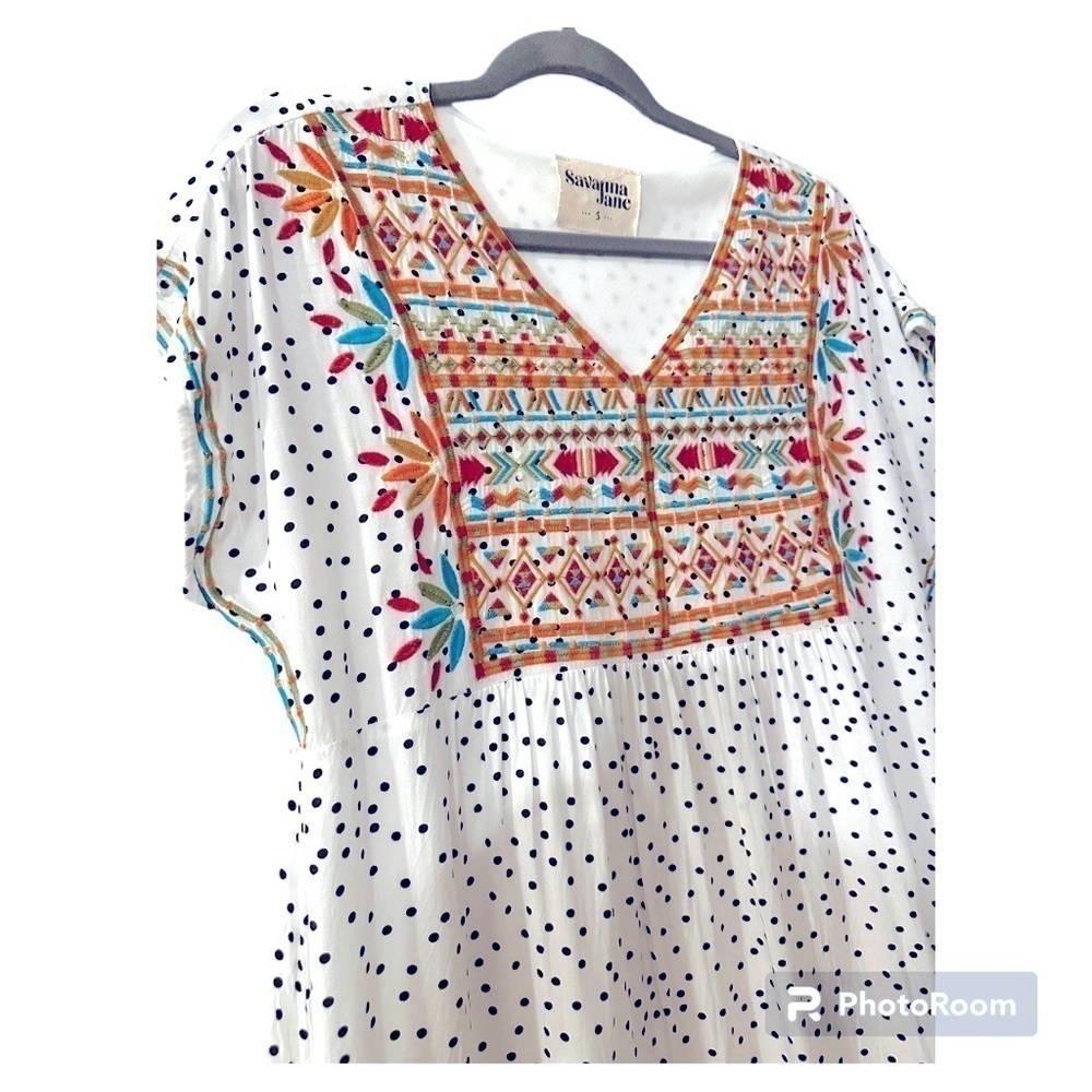 Savanna Jane Embroidered White Polka Dot Dress in Size Small - Picture 2 of 6